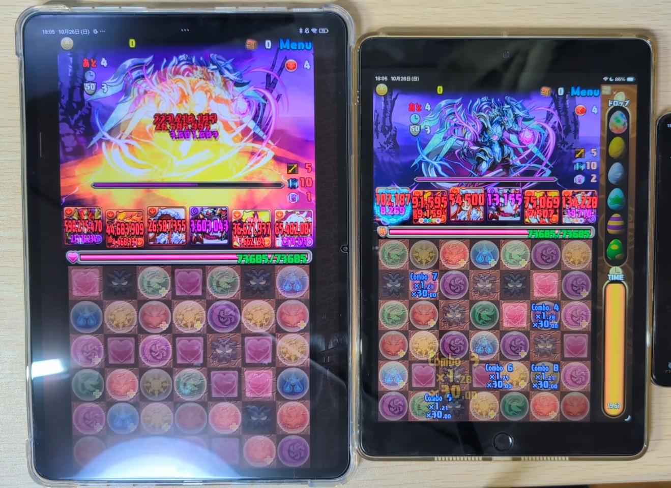 Xiaomi Pad 6S Pro 12.4とiPad(第9世代)のパズル＆ドラゴンズ動作検証写真。パズルの操作感や画面比率による表示領域の違いを比較確認している様子
