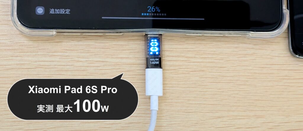 Xiaomi Pad 6S Proの充電速度実測写真。公称120Wに対し実測で最大100Wを記録。非常に高速な充電が可能であることを示す検証結果