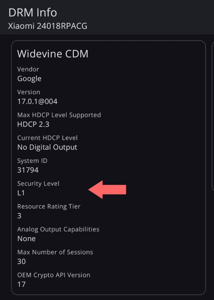 Xiaomi Pad 6S Proに入れたDRM InfoアプリでXiaomi Pad 6S ProがWidevine L1に対応している様子を映した写真