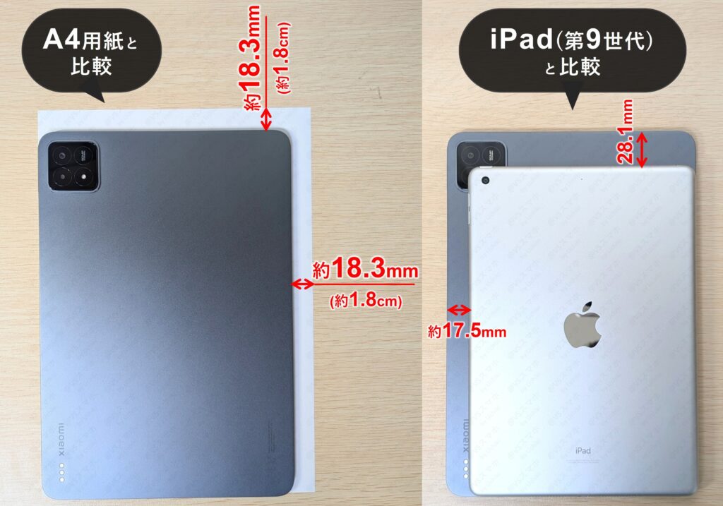 Xiaomi Pad 6S Pro 12.4の大きさをA4用紙およびiPad(第9世代)と比較した写真。A4用紙より縦横約1.8cm小さく、iPadより一回り大きいサイズ感