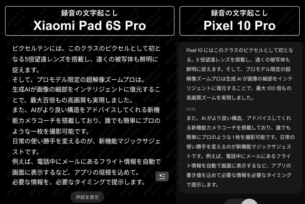 Xiaomi Pad 6S ProとPixel 10 Proの録音の文字起こし精度比較画像。両機種とも精度は良い結果