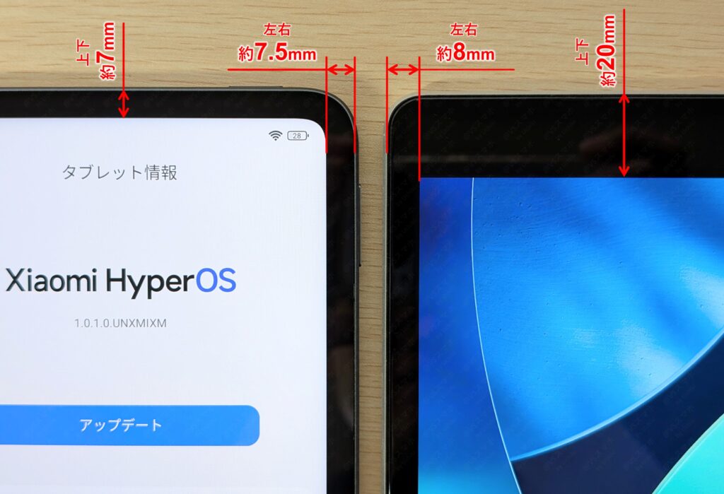 Xiaomi Pad 6S Pro 12.4とiPad(第9世代)のベゼル幅比較の実測写真。Xiaomiは上下約7mmと極細だが、iPadは上下約20mmあり太さが目立つ検証結果