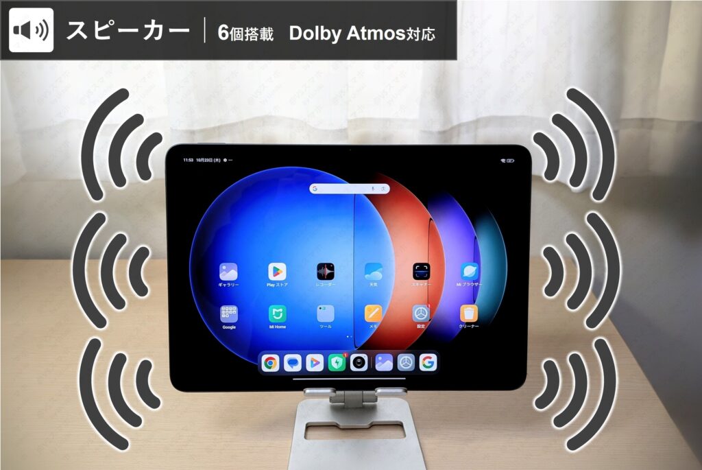 Xiaomi Pad 6S Proの6個のスピーカーから広がりの良い音が出ている実機写真。