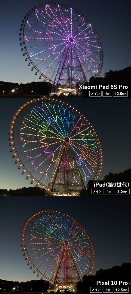 Xiaomi Pad 6S ProとiPad(第9世代)、Pixel 10 Proの夜景撮影比較。iPadはイルミネーションの発色がきれいだが、Pixelが最も鮮明という暗所撮影の検証結果
