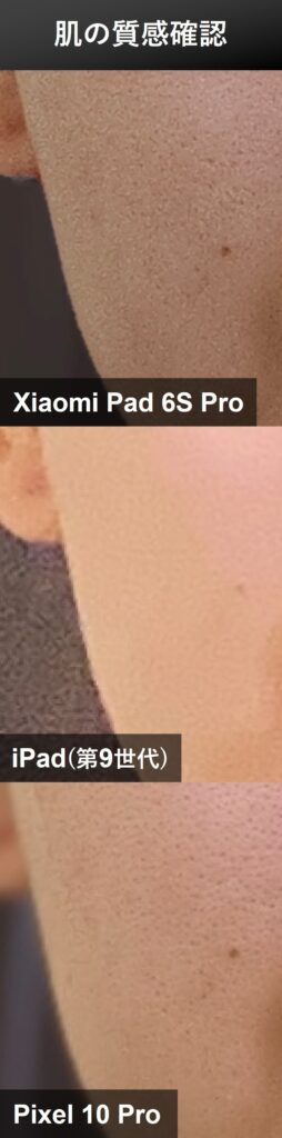 Xiaomi Pad 6S ProとiPad(第9世代)、Pixel 10 Proのインカメラ拡大写真比較。Pixelは鮮明だがXiaomiはノイズあり、iPadはノイズ多く不鮮明な結果