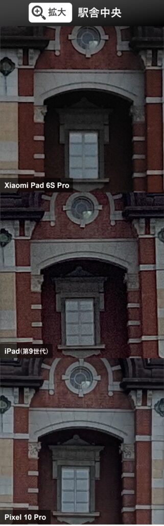 Xiaomi Pad 6S ProとiPad(第9世代)、Pixel 10 Proの駅舎写真拡大比較。Pixelは解像感が高く鮮明だが、Xiaomiは細部が潰れ気味、iPadはノイズが多い結果