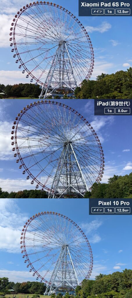 Xiaomi Pad 6S ProとiPad(第9世代)、Pixel 10 Proの観覧車撮影比較。Pixelが最も鮮明だが、Xiaomiも明るく良好。iPadは空の色が不自然で解像感が低い結果
