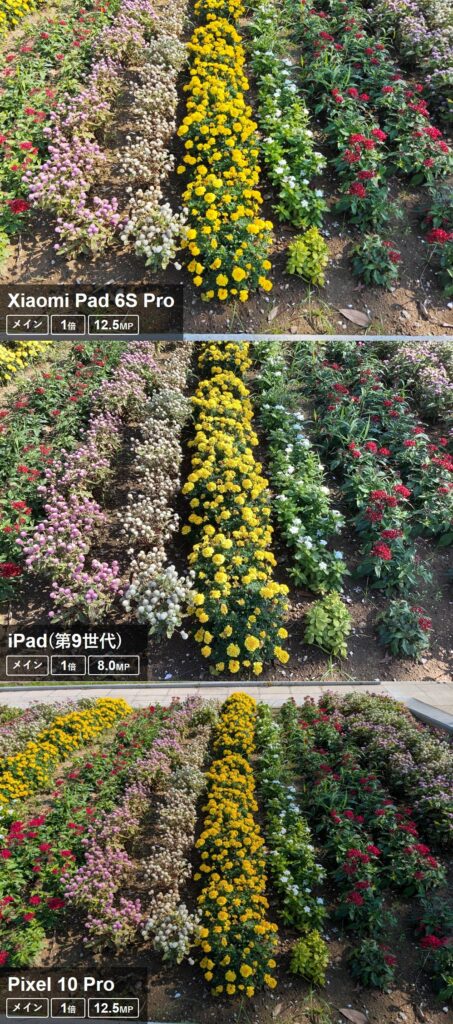 Xiaomi Pad 6S ProとiPad(第9世代)、Pixel 10 Proの花壇撮影比較。Xiaomiは明るく鮮やかだが白飛び気味、iPadは色が薄め、Pixelは高解像度だが一部暗い結果