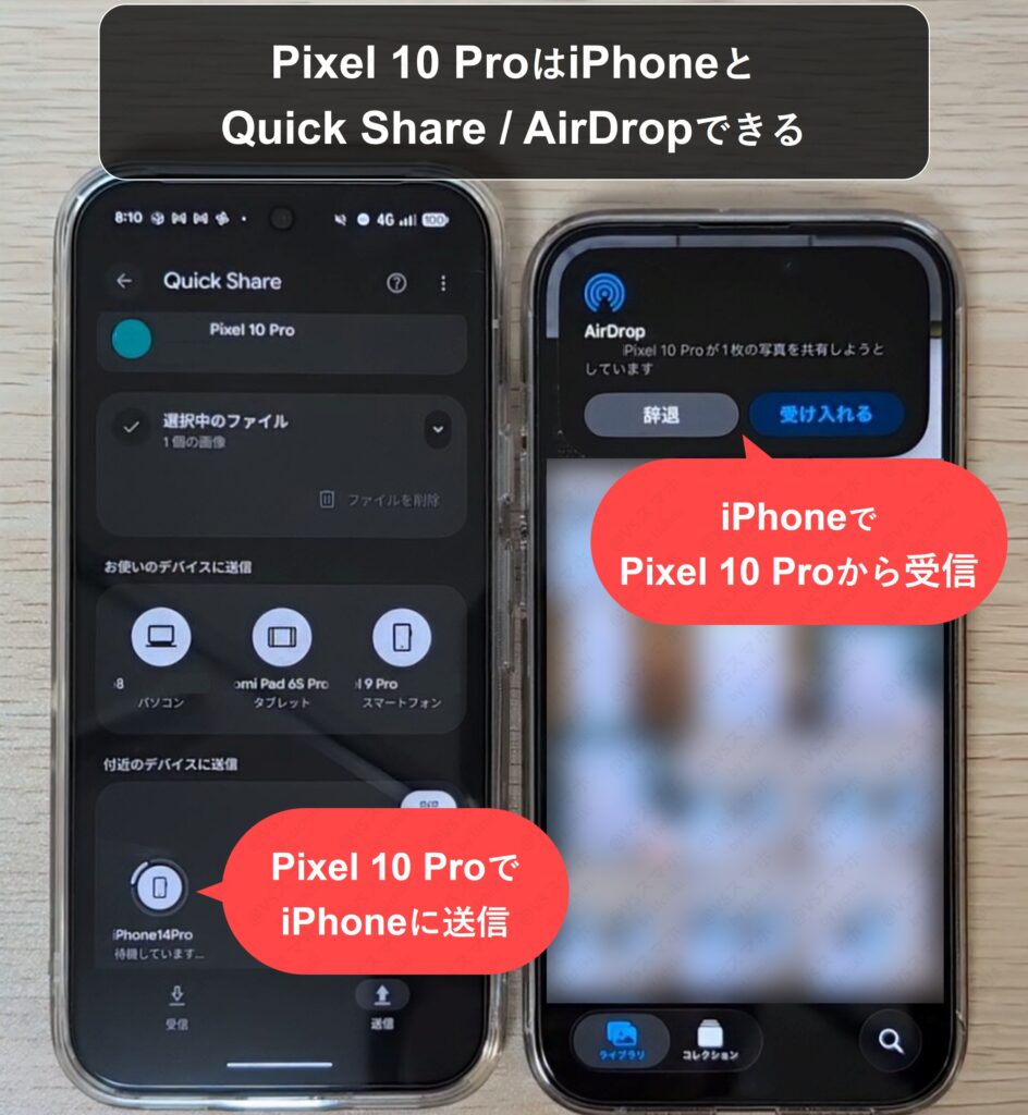 Pixel 10 ProからiPhone 14 ProへQuick Shareでファイルを送信している実機写真。10 ProはAppleのAir Dropに連携した