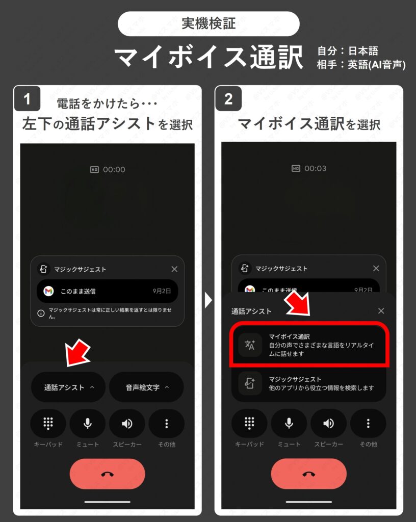 Pixel 10 Proのマイボイス通訳機能の実機検証写真1。電話開始後通話アシストボタンからマイボイス通訳を開始する