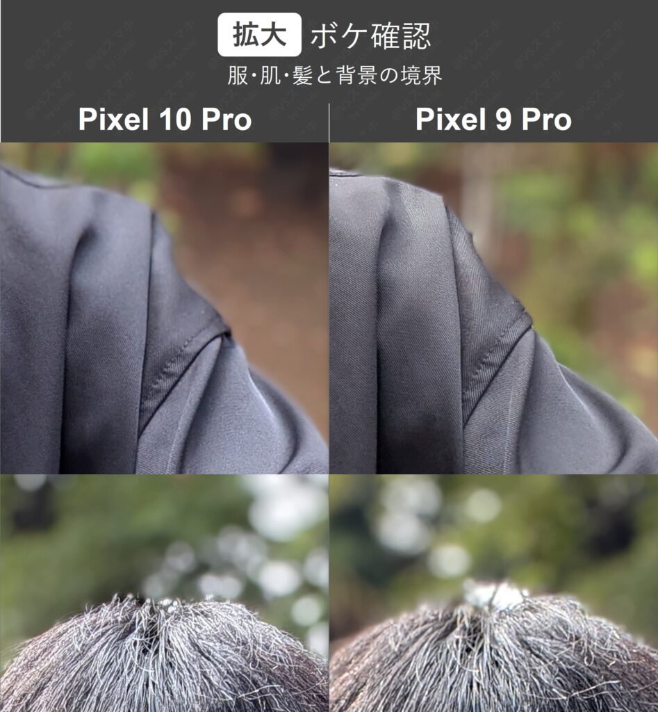 Pixel 10 ProとPixel 9 Proのインカメラで撮った人物ポートレート写真を拡大して比較。やや10Proのほうが明るめ。ボケ感は一緒