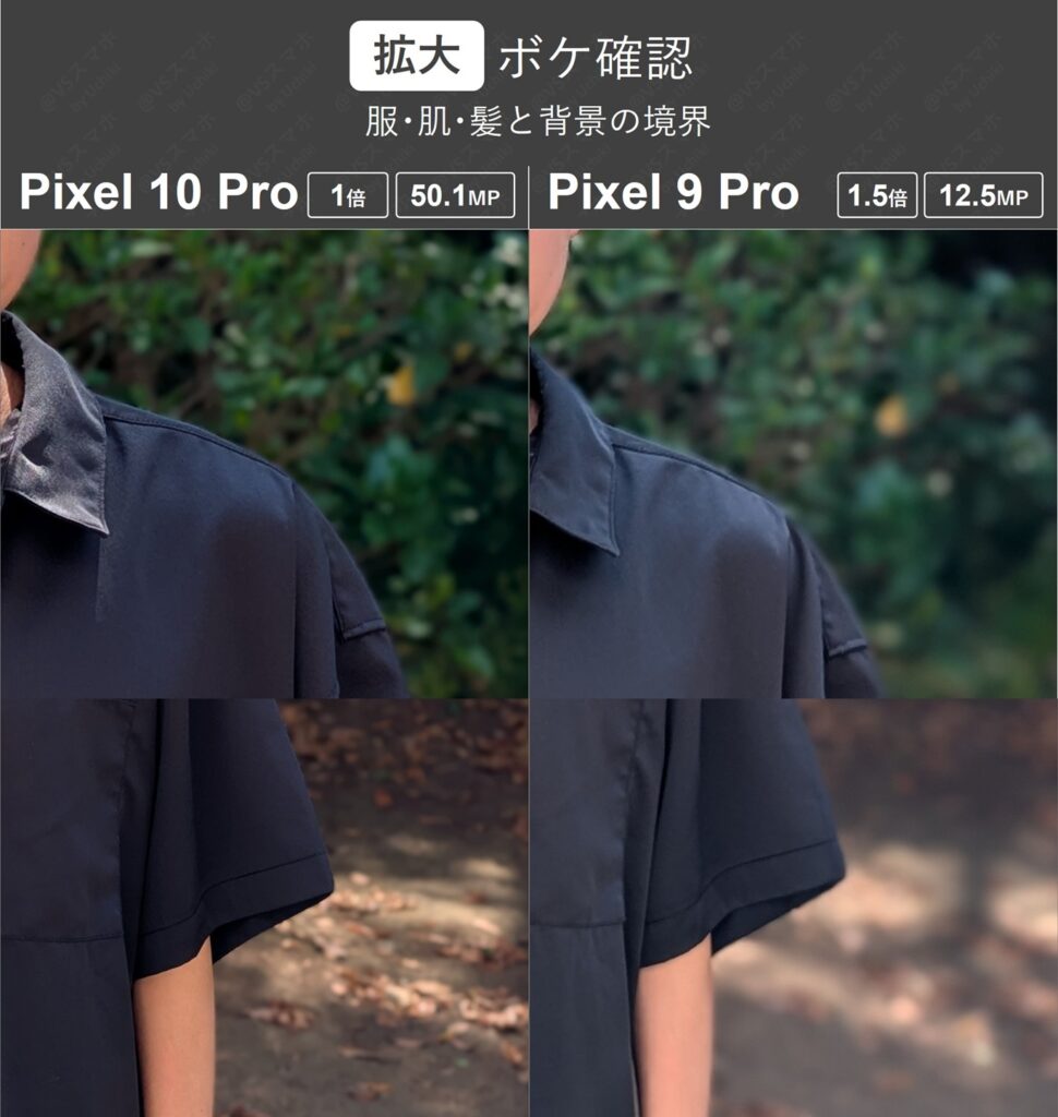 Pixel 10 ProとPixel 9 Proで撮った人物ポートレート写真を拡大して比較。ボケ感は9Proが良いが、10Proの50MPの解像感が圧倒的