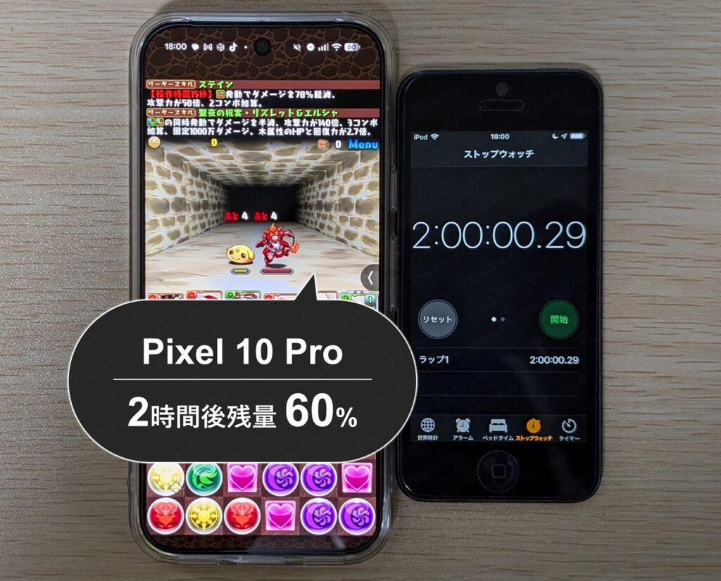 Pixel 10 Proでパズドラを2時間プレイしたときのバッテリー持ち検証写真。ストップウォッチが2時間ちょうどを示した写真。バッテリー残量は60%