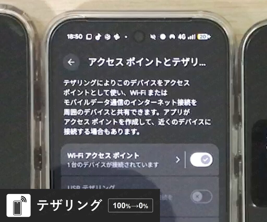 Pixel 10 Proでテザリングをして他の端末にインターネット共有をしている写真。テザリング時のバッテリー持ちを検証する