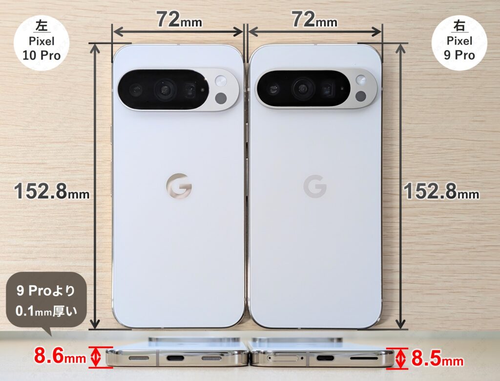 Pixel 10 ProとPixel 9 Proのサイズ実測検証写真。Pixel 10 Proは9 Proより0.1mm厚い検証結果