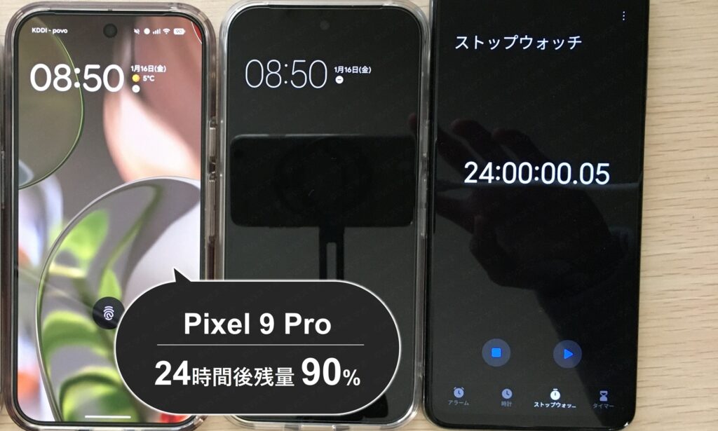 Pixel 9 Proで画面を消灯させたスリープモードで24時間放置したときのバッテリー持ち検証写真。ストップウォッチが24時間ちょうどを示す。バッテリー残量は90%