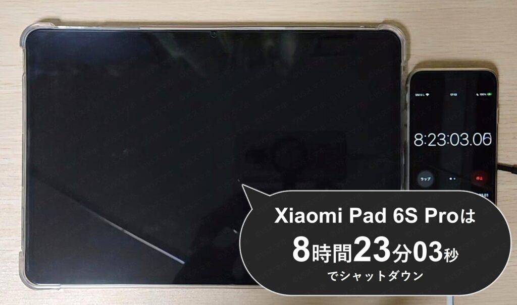 Xiaomi Pad 6S Proでダウンロード動画再生のバッテリー持ちテスト。ちょうどバッテリーが0%になりシャットダウン。ストップウォッチは8時間23分を示した画像