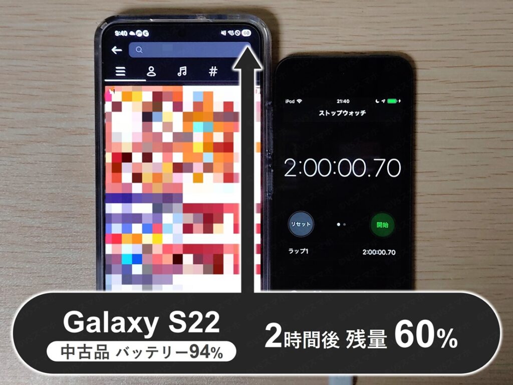 Galaxy S22(中古品バッテリー94%)でのInstagramのバッテリー持ち検証写真。2時間閲覧した直後の画面。バッテリーは残量60%