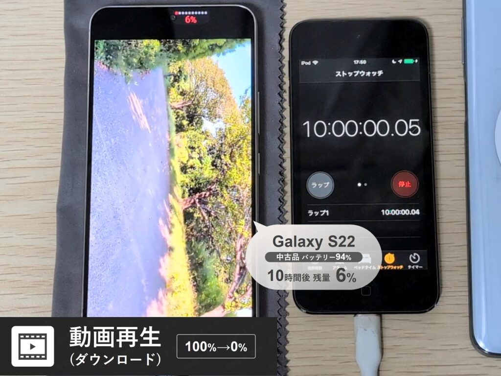 Galaxy S22(中古品バッテリー94%)で本体にダウンロードした動画を再生している写真。ダウンロード動画再生時のバッテリー持ちを検証する