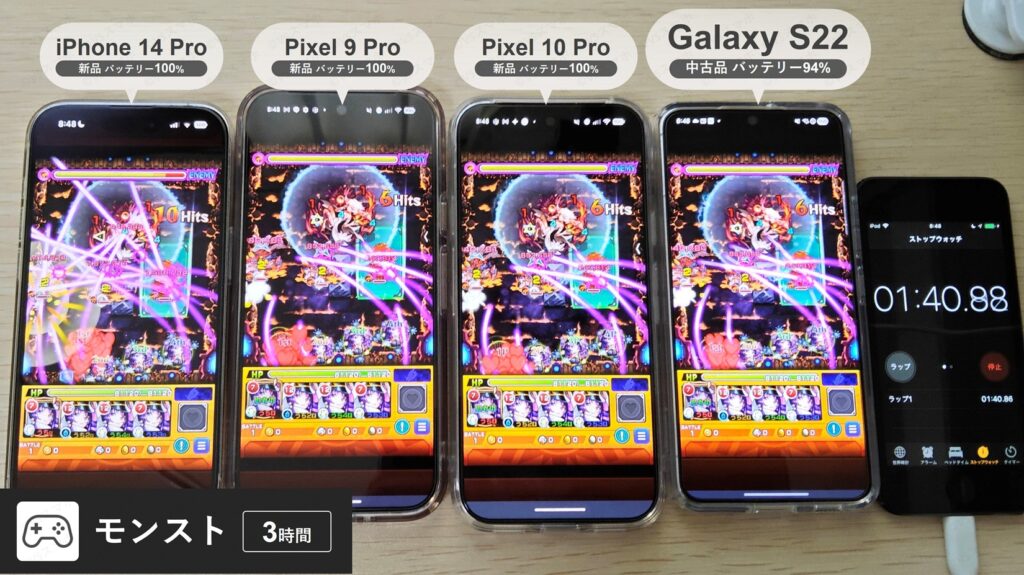 Galaxy S22と他3端末でモンストをプレイしている写真。モンストプレイ時のバッテリー持ちを検証する