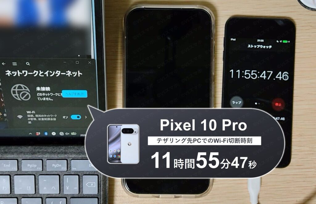 Pixel 10 Proでテザリングをしたときのバッテリー持続時間テスト。ちょうどバッテリー0%になりシャットダウン。ストップウォッチは11時間55分を示す